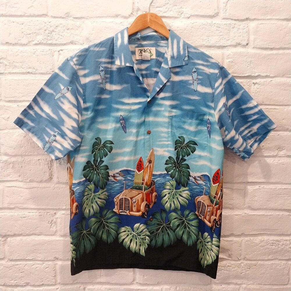 Vintage KYs Hawaiian Shirt Mens L Blue Car Surfboard Beach Surfer Print Made USA